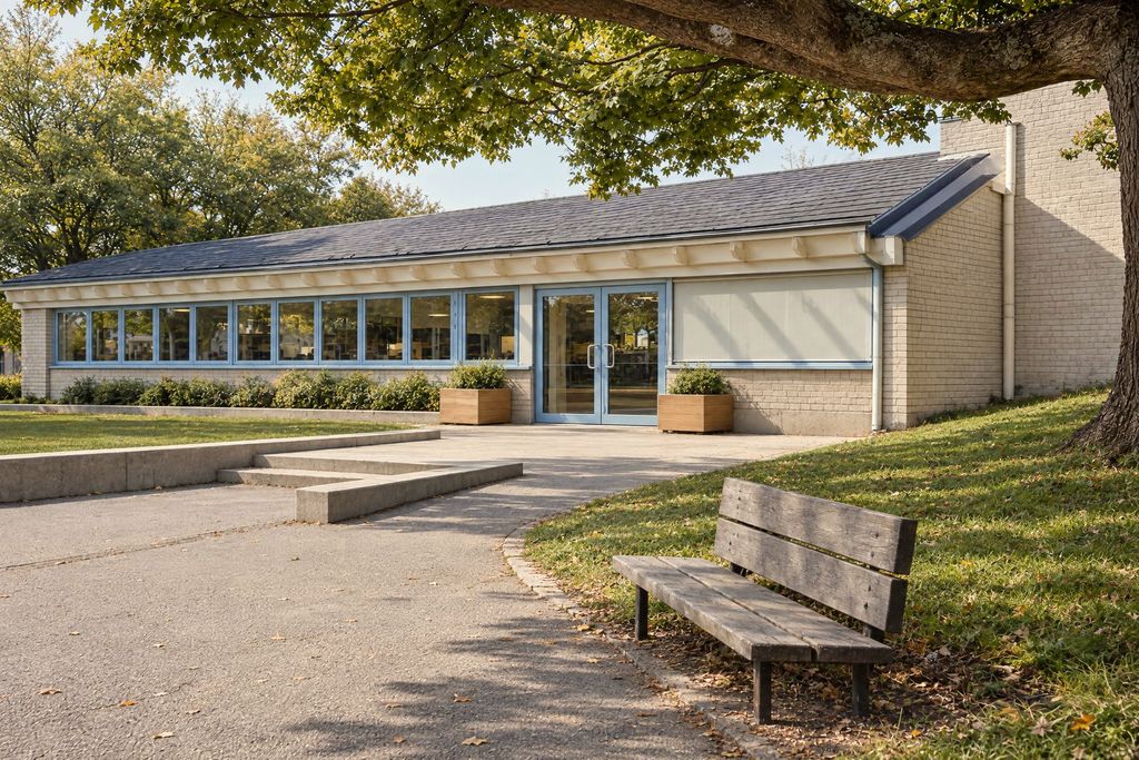 Esterno della Honeycomb School a Muzzano con giardino e panchina sotto un albero