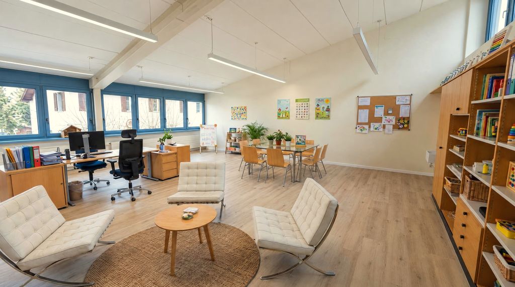 Management office with desks, shelving and a meeting corner