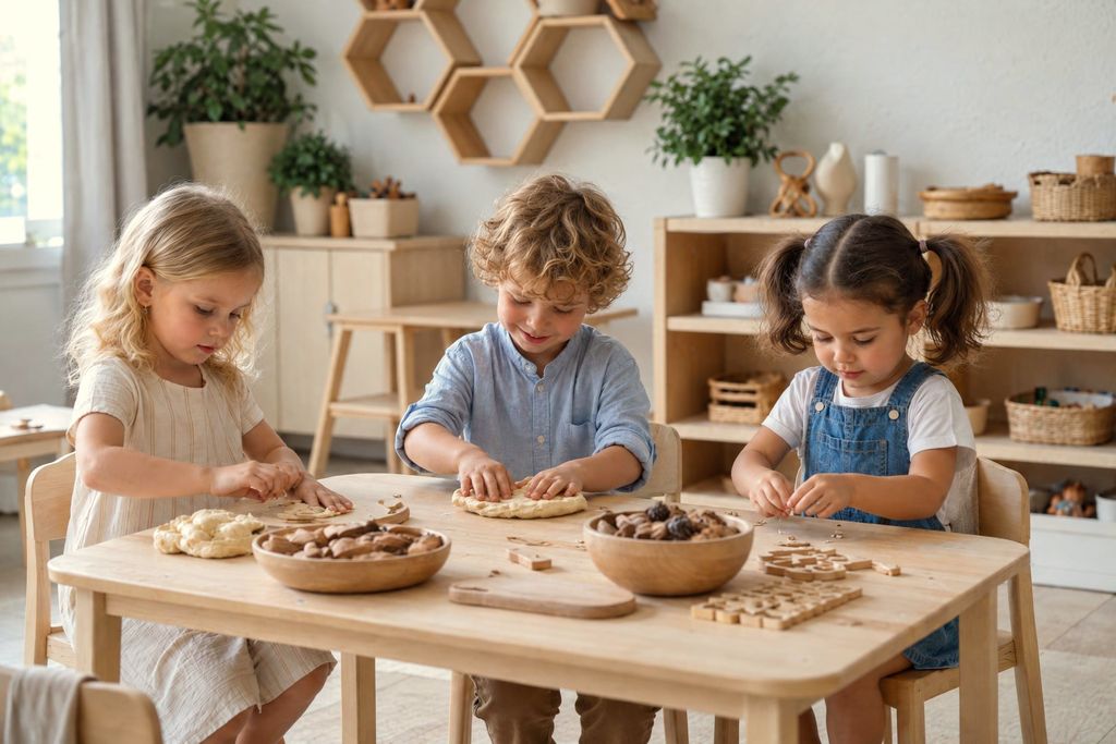 Tre bambini giocano con materiali naturali su un tavolo di legno