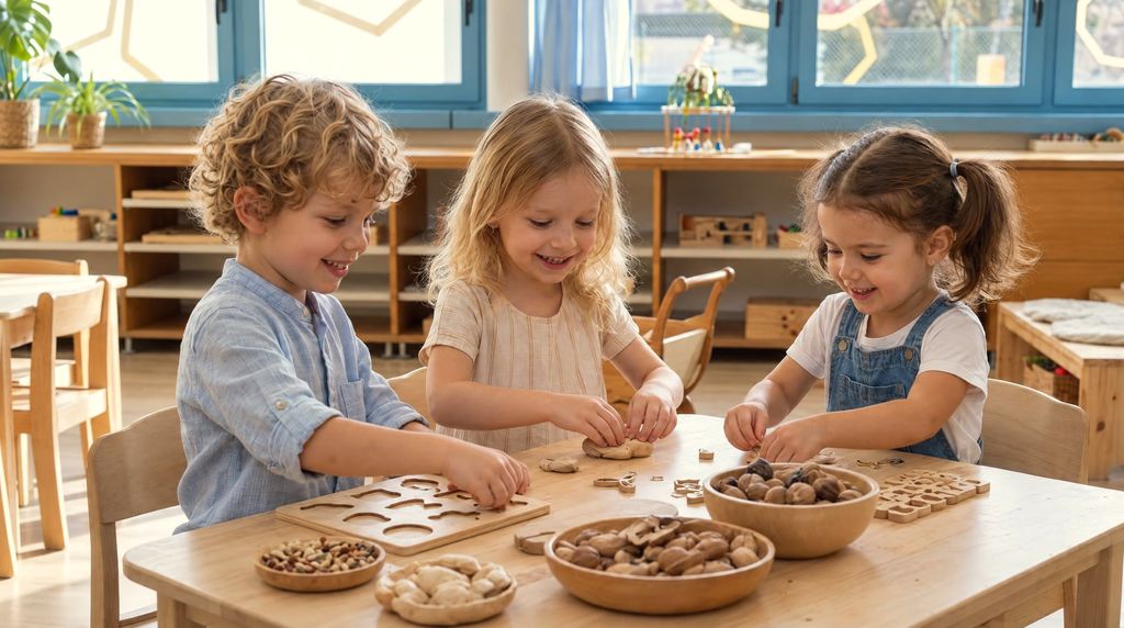 Kindergarten children with wooden puzzles and natural materials