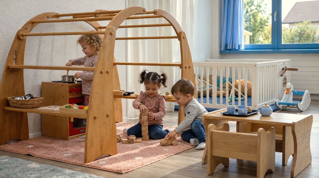 Bambini piccoli giocano sotto un arco di legno nello spazio del nido