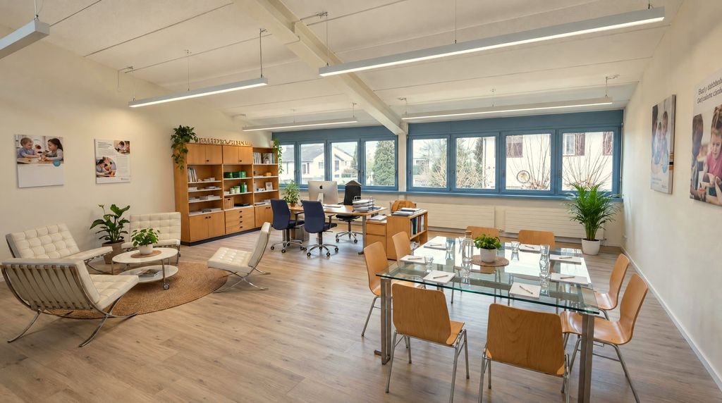 Ufficio luminoso con tavolo riunioni e scaffali