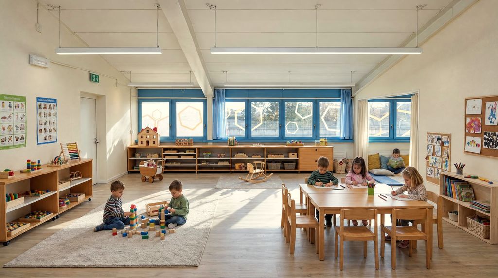 Kindergarten classroom with children playing on the rug