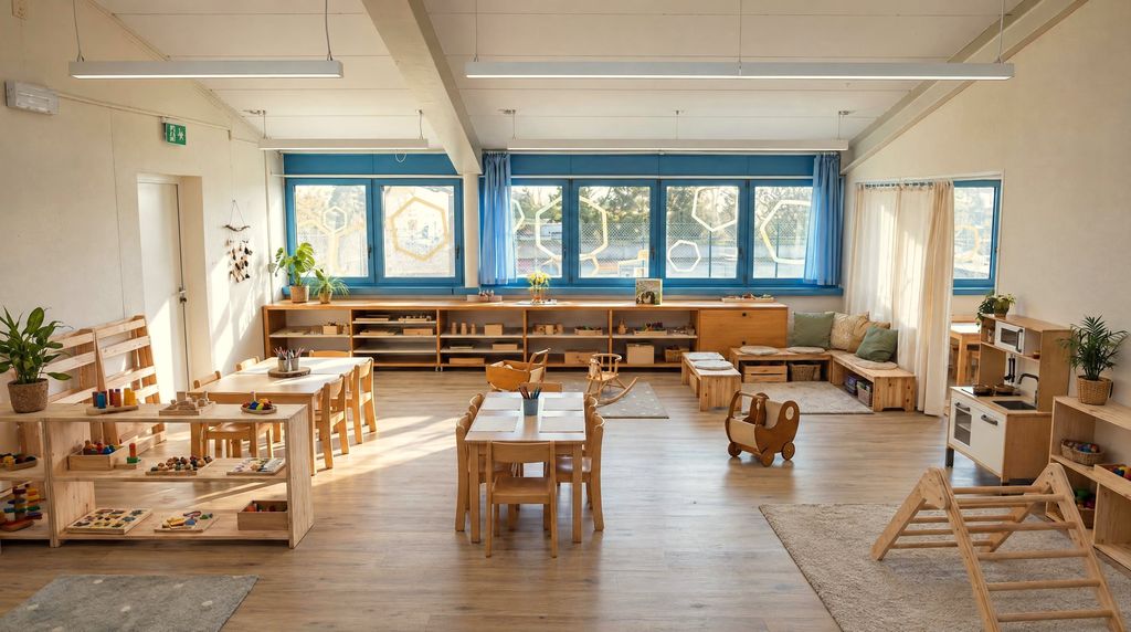 Aula dell’infanzia con tavolini, scaffali bassi e materiali in legno