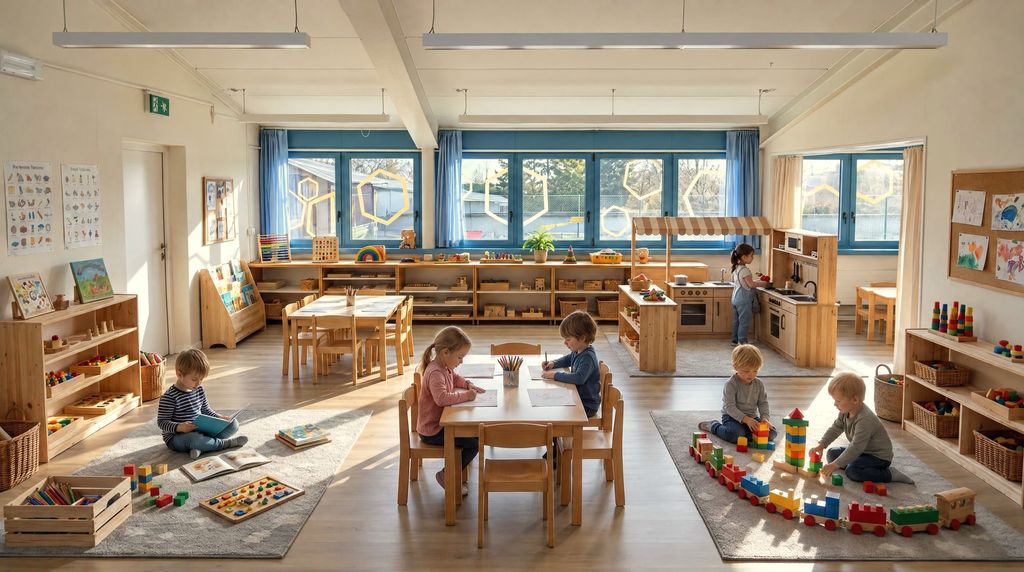 Bambini che costruiscono con blocchi e trenini nell’aula dell’infanzia