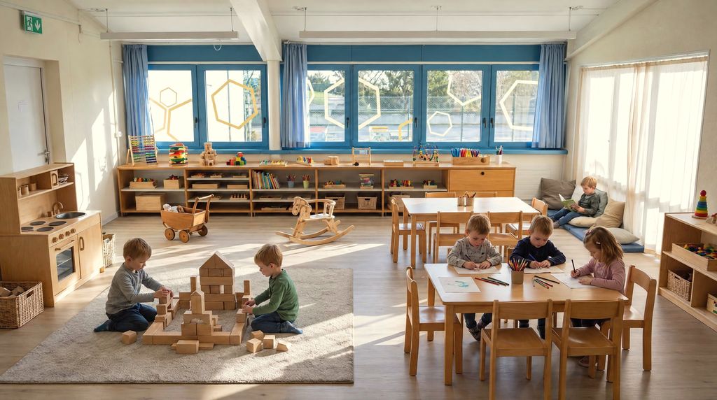 Bambini tra gioco a terra e attività al tavolo nella scuola dell’infanzia