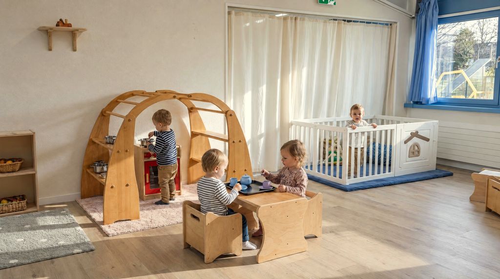 Bambini piccoli esplorano l’arco in legno del nido