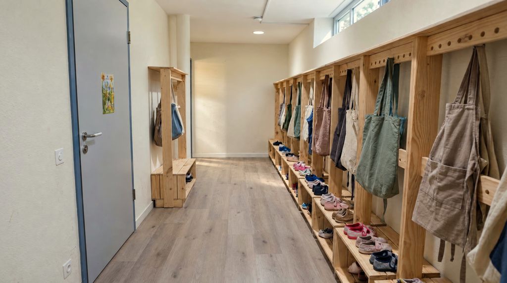 Cloakroom with wooden lockers and children’s hooks
